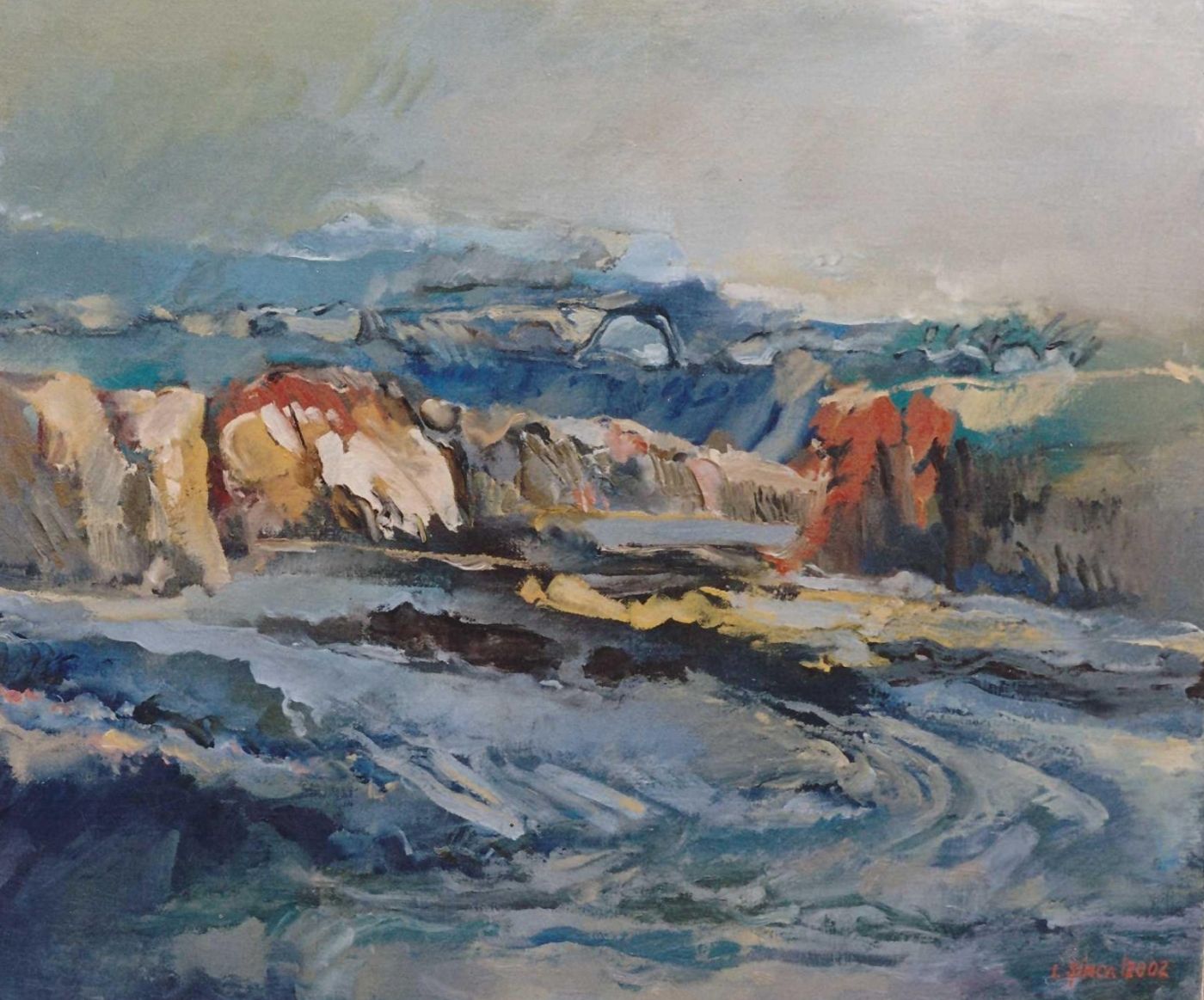 Churning blue-grey water in the foreground, with white, red and ochre banks behind.