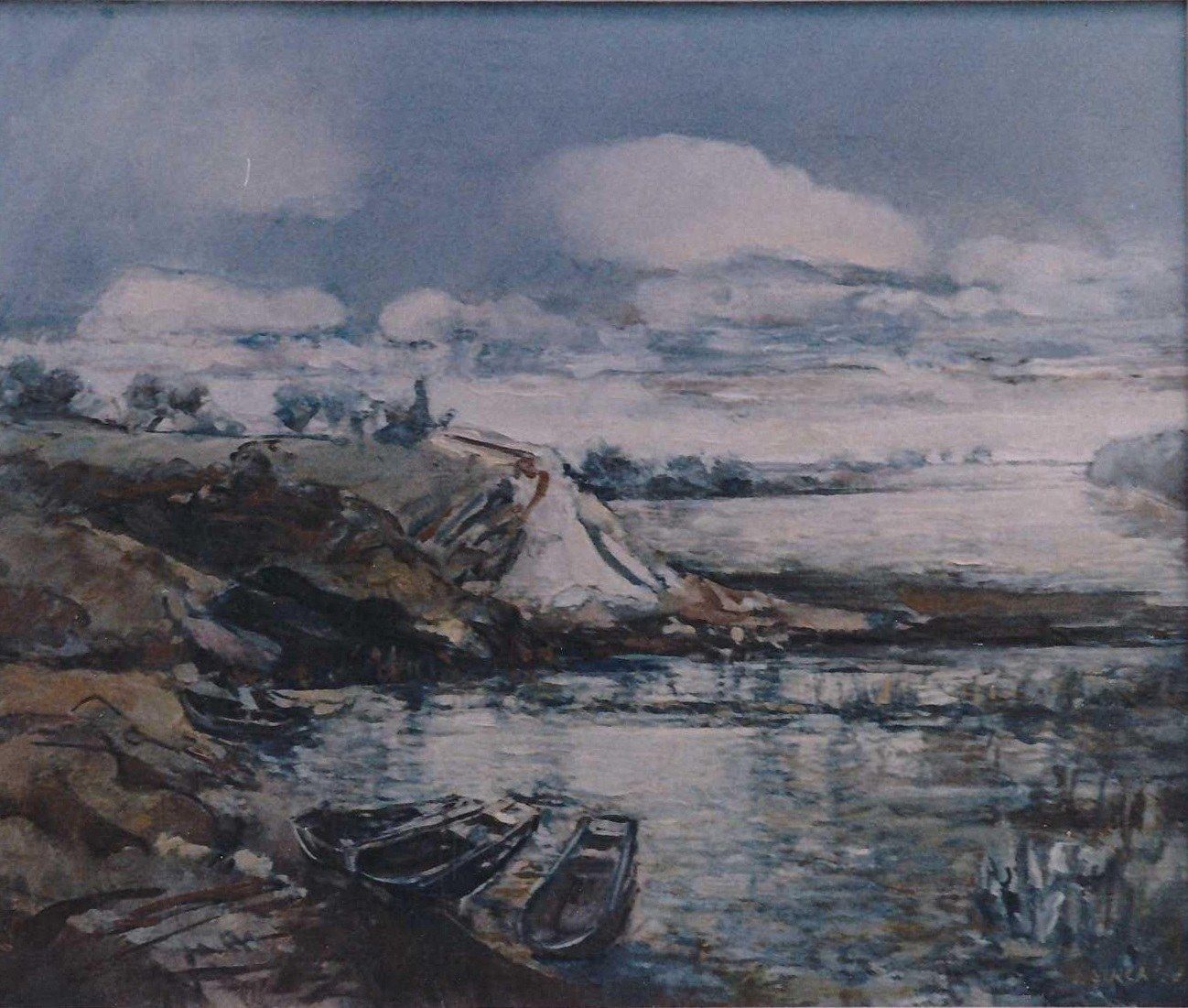 Two boats drawn up on the bank of grey water, under a blue sky with heavy white clouds.