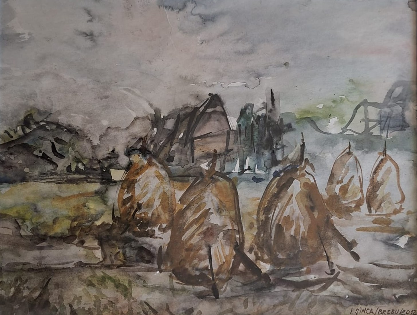 A grey watercolour of five brown haystacks before barns, under a heavy sky.