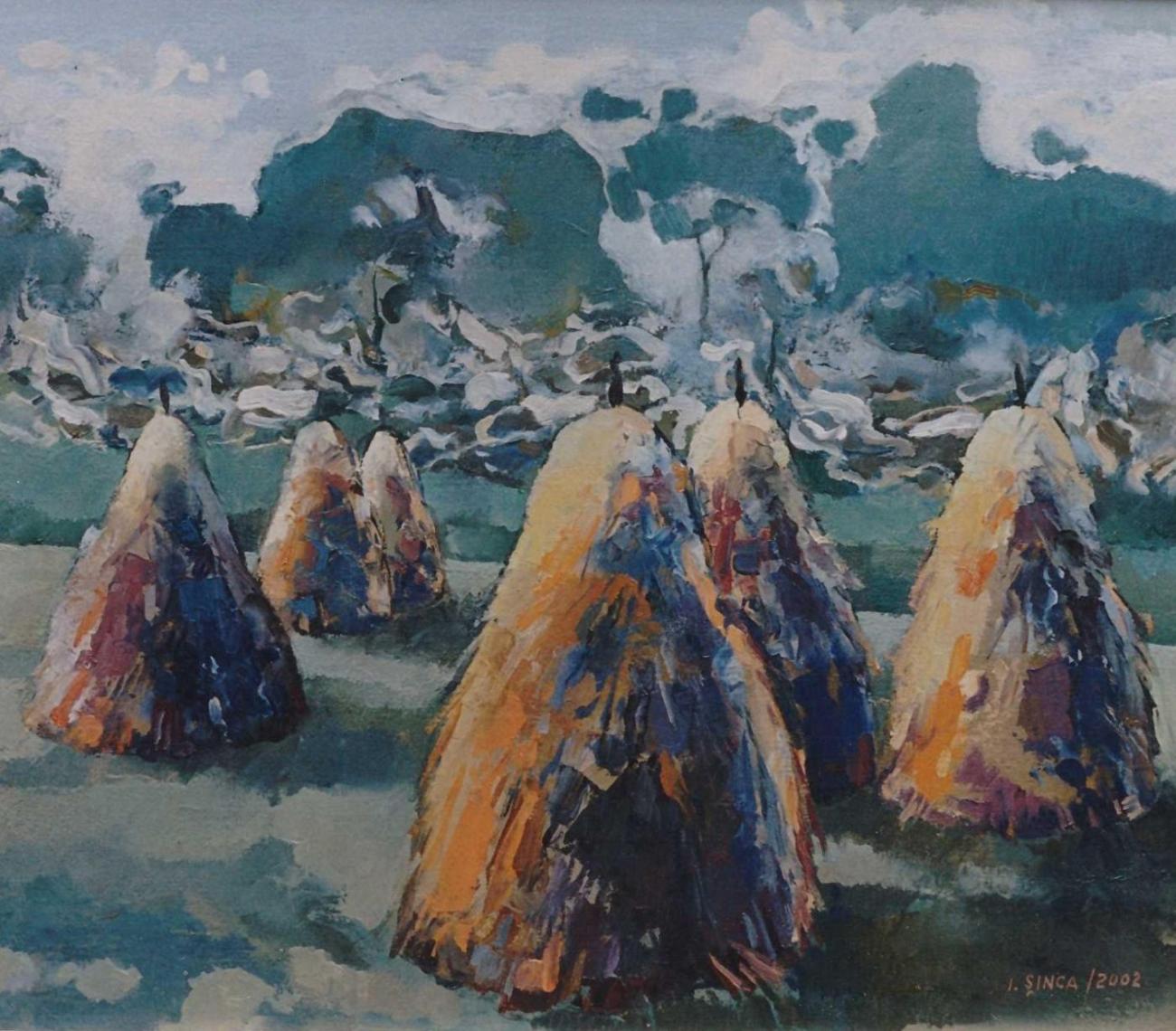 Six ochre and blue haystacks on a green meadow before a screen of blossoming acacias.