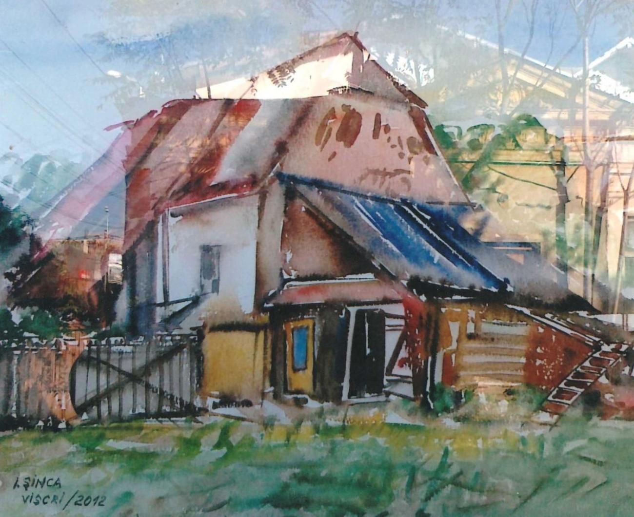 A watercolour of a Saxon house with pink and blue roofing and a ladder against the wall.