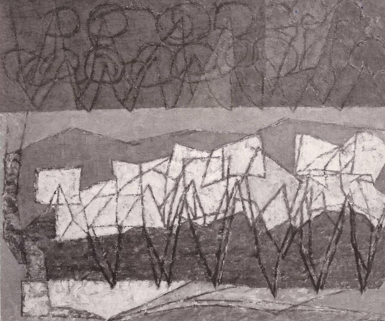 A grey composition with rows of white trees and zigzag branches scratched into the paint, arranged in horizontal bands.