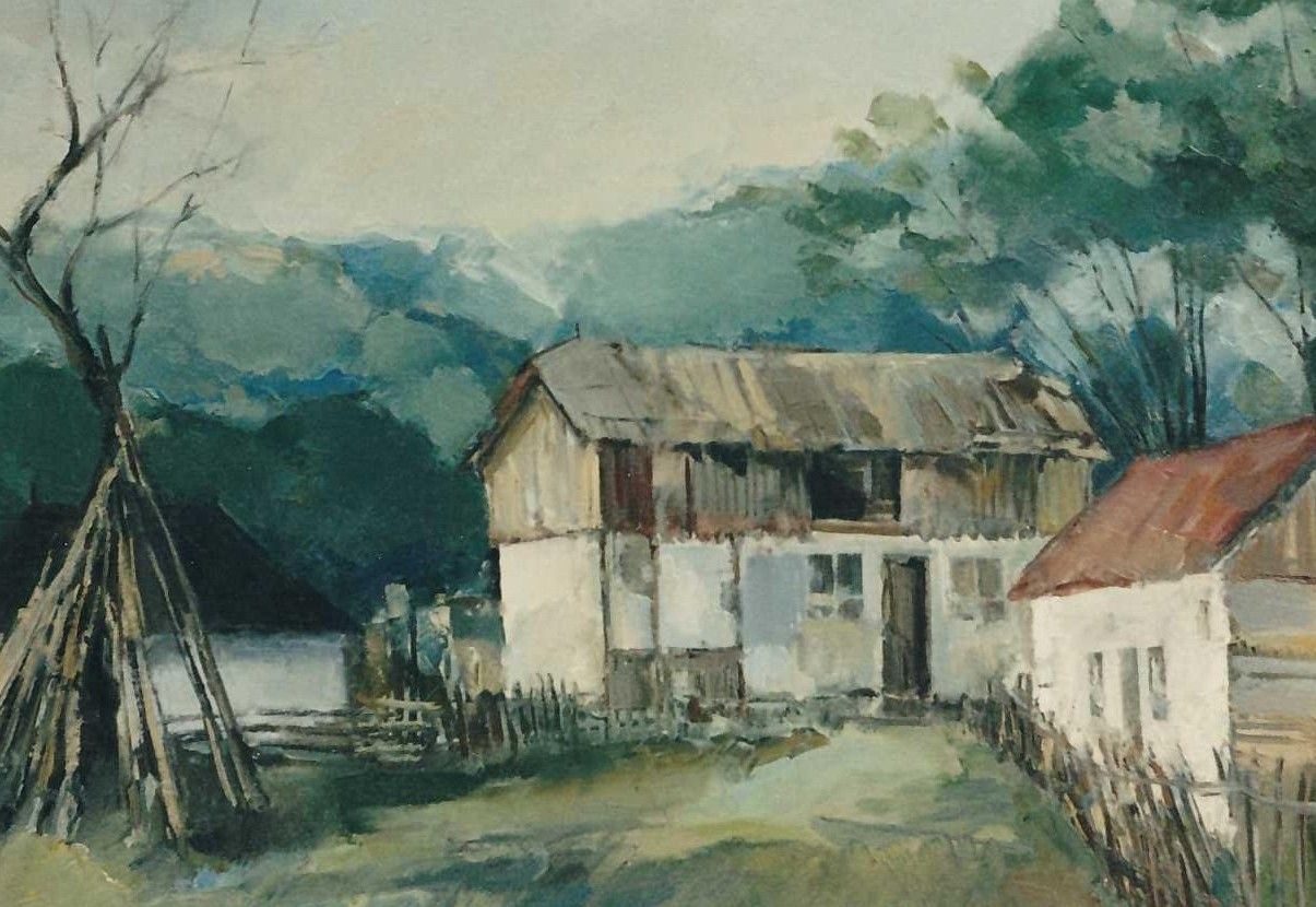 A white house with a large wooden barn above it, a wattle fence and a conical stack at the left.
