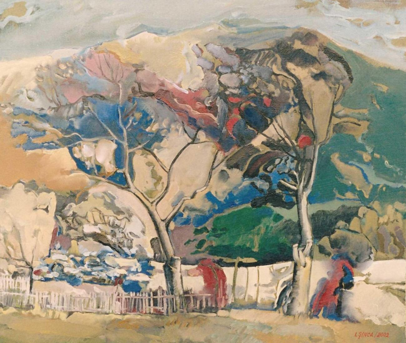 Two apricot trees with broad blue and red crowns above a wattle fence, with a green hill at the right.