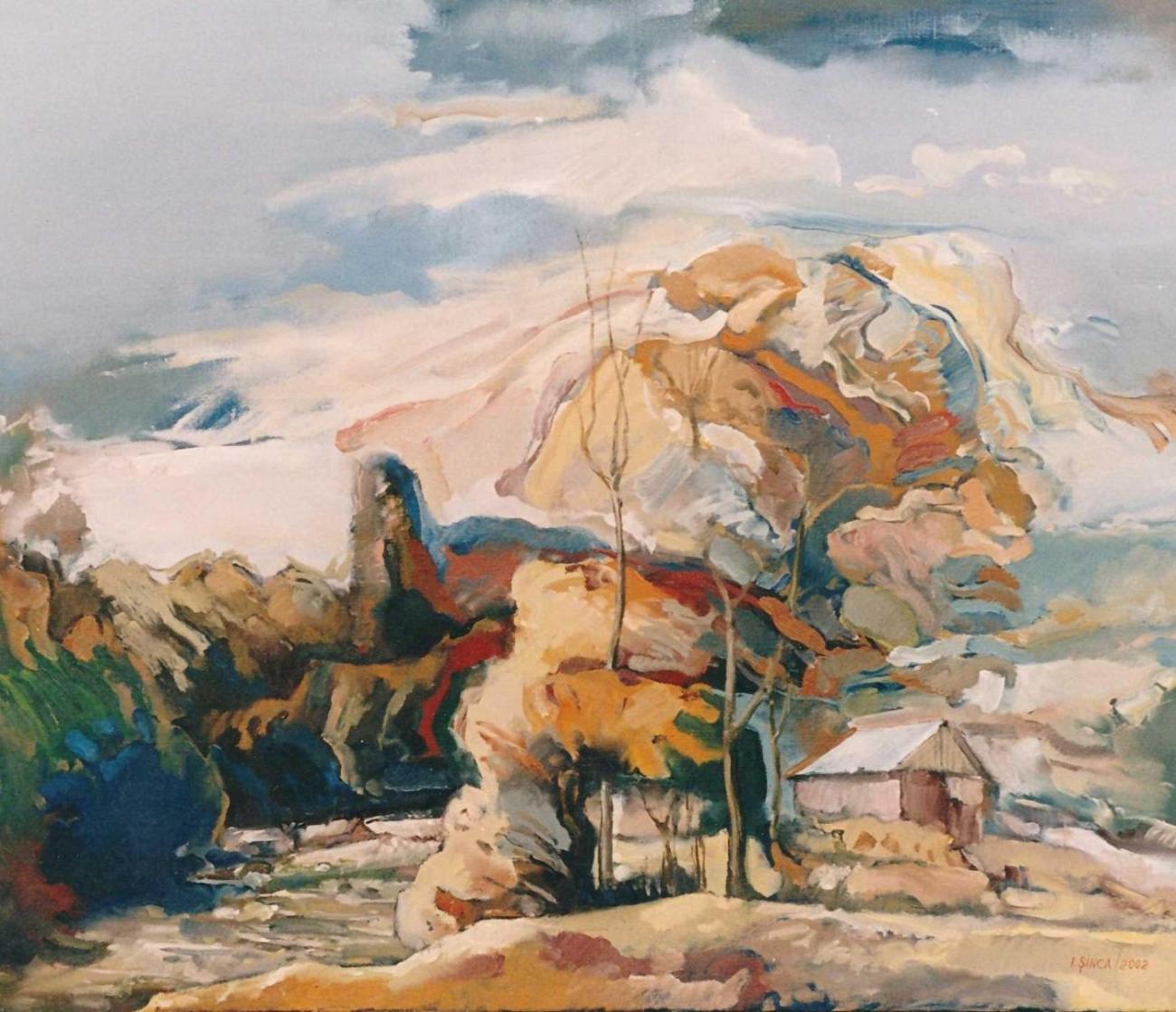 A large tree with a golden-ochre crown beside a ravine, with a small red-roofed house at the right.