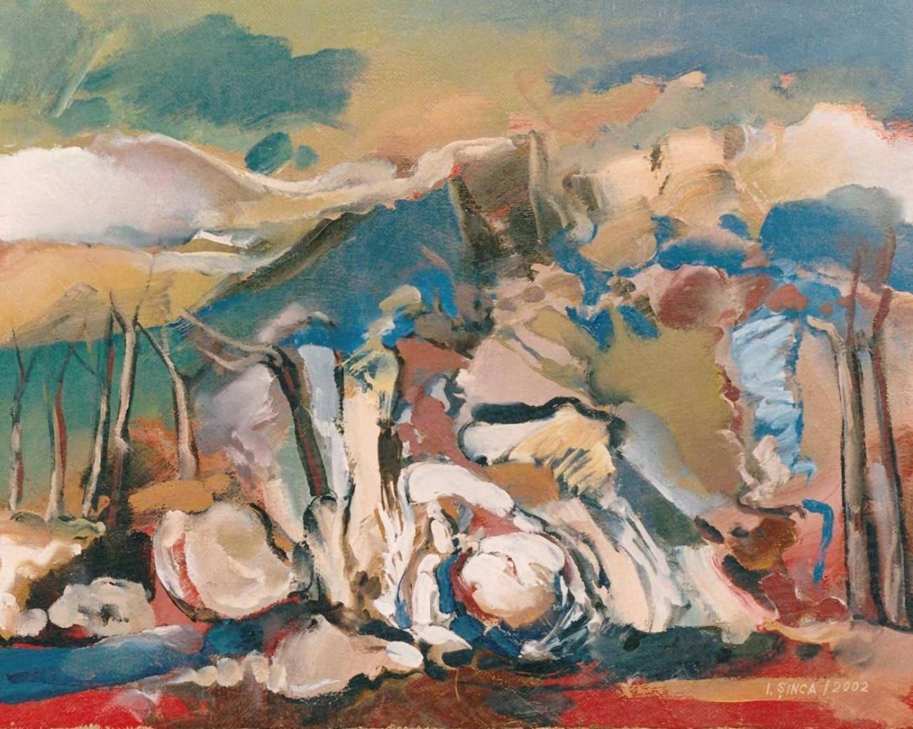 A white and blue ravine broken into plates, with slender trunks at the edges and a red foreground.