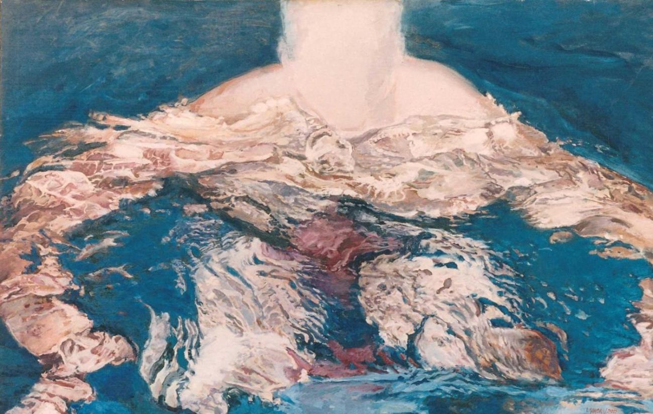 A white-pink form rising from dark blue water, like steam over a basin.