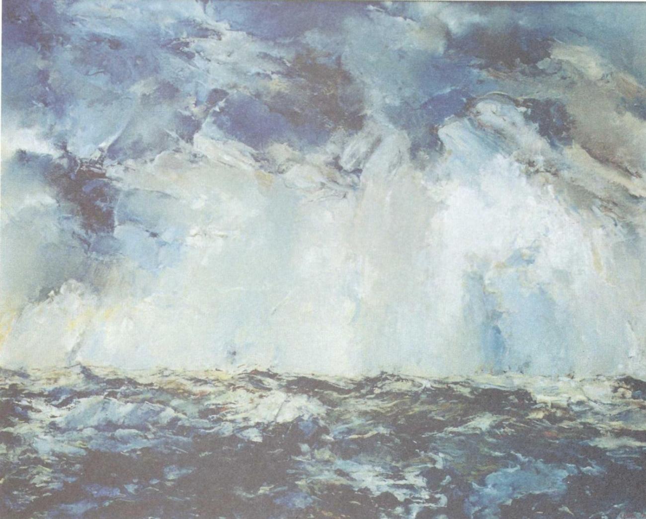 A grey seascape with a curtain of white mist between the sky and dark, agitated water.