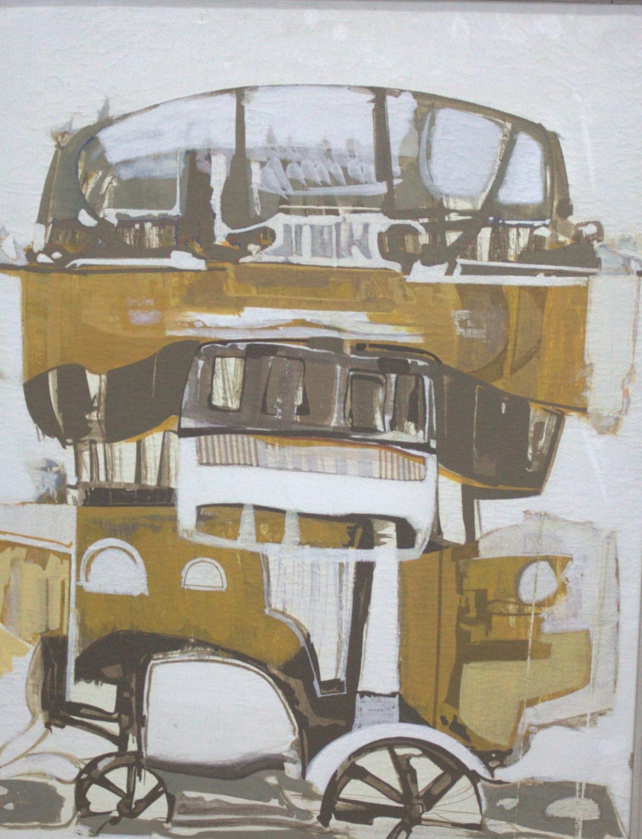 An old motor car seen frontally, broken into ochre, white and brown planes against an almost empty white ground.