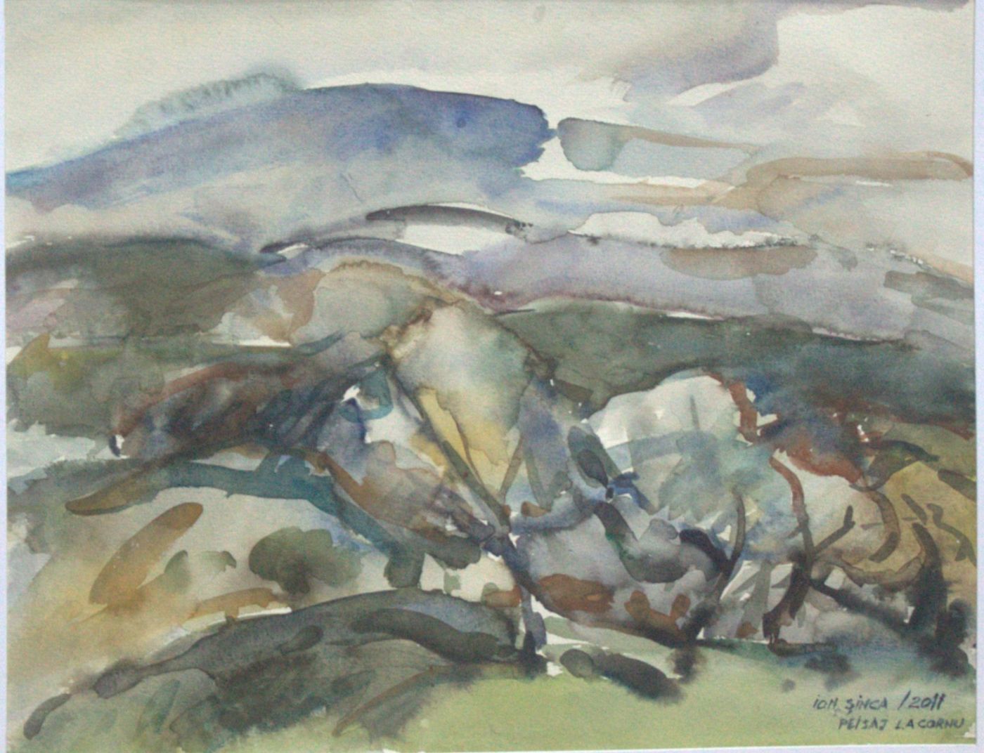 A watercolour of overlapping blue-green hills beneath a violet crest and a pale sky.