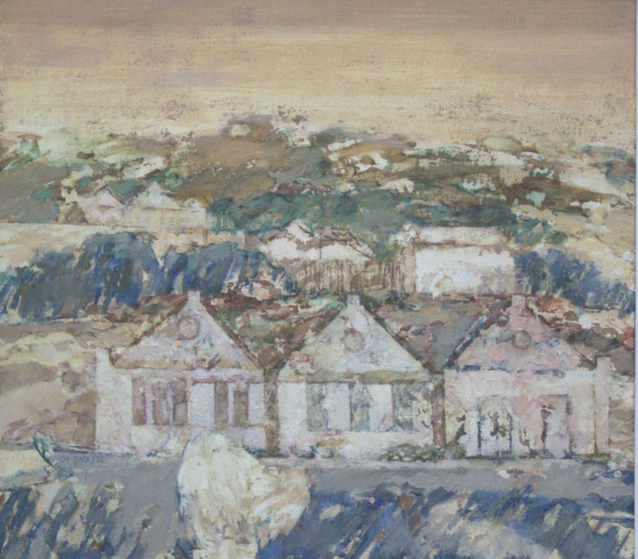 A row of white gabled houses among bluish trees, beneath a green hill and an ochre sky.