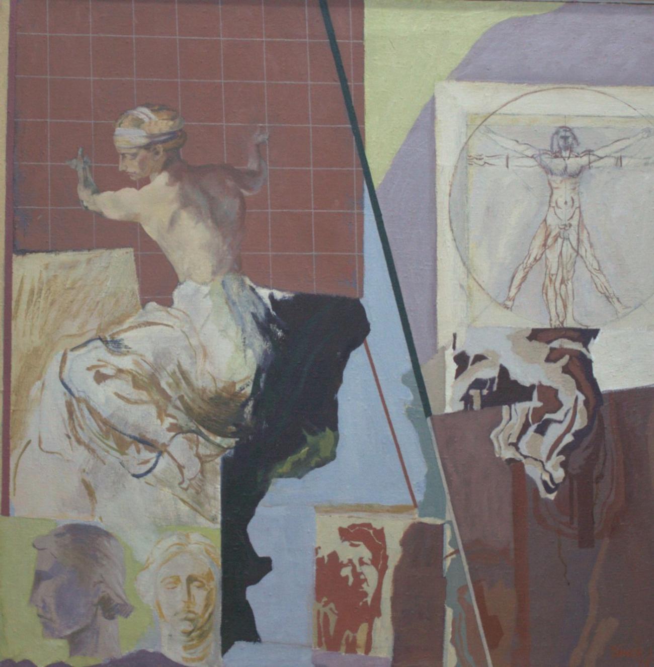 Compoziție de atelier cu un torso antic, draperii, mulaje de ipsos și Omul vitruvian desenat într-un panou alb, pe un fond bordo cu caroiaj.