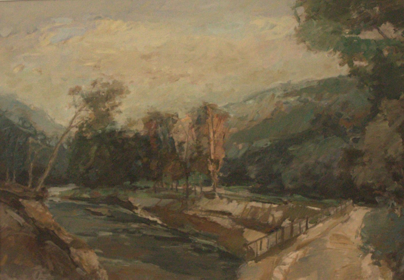 A valley with a wide stony river, slender poplars on the bank and wooded hills under an ochre sky.