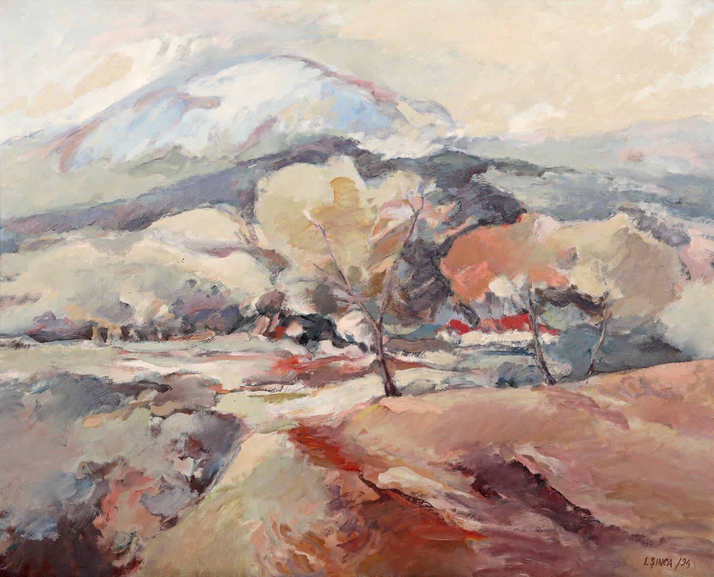 A snowy hill with two bare trees on the ridge and a reddish path descending in the foreground.