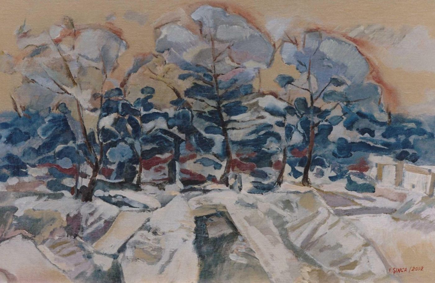 A row of acacias with silvery blue crowns on a bank of white slabs, under an ochre sky.
