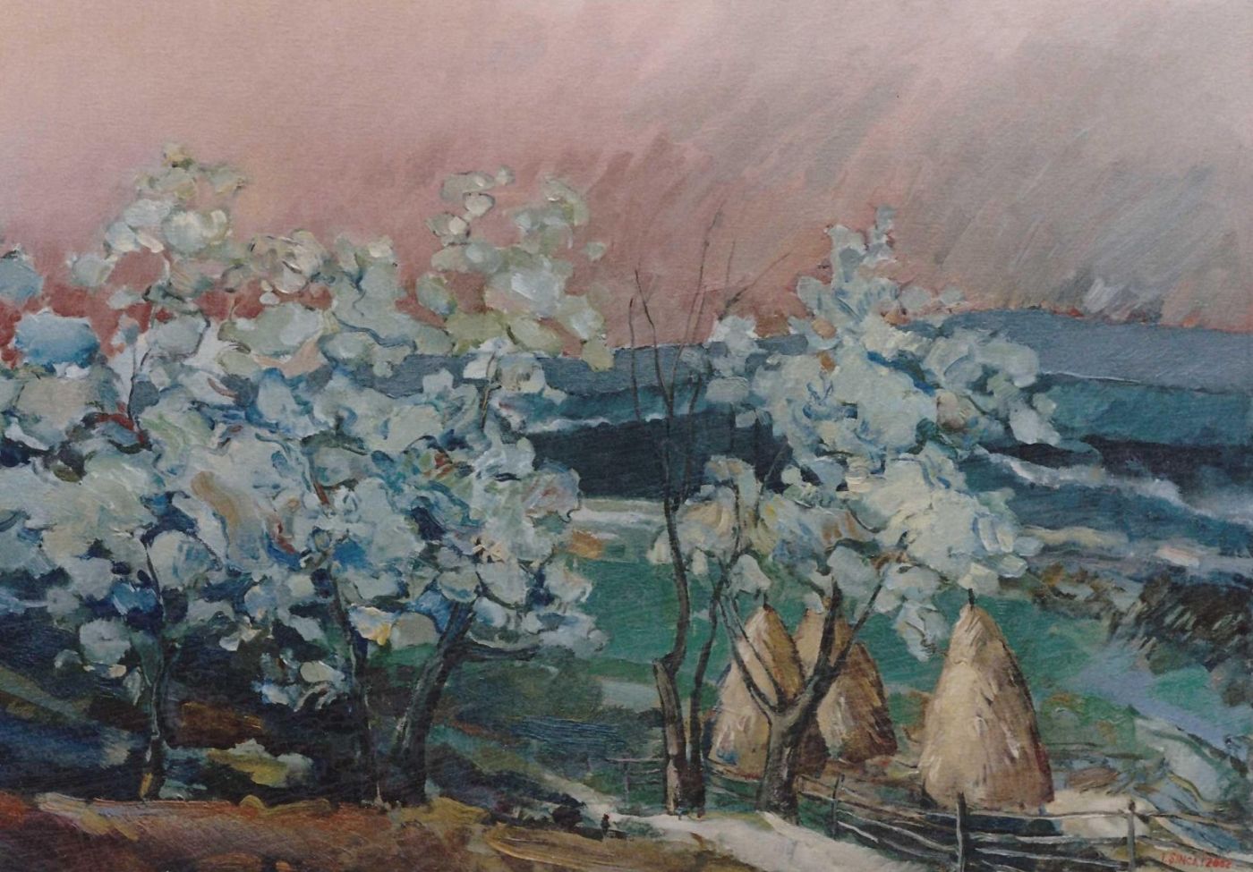 Willows with silvery white crowns on a bank, with two haystacks at the right and a pink sky.
