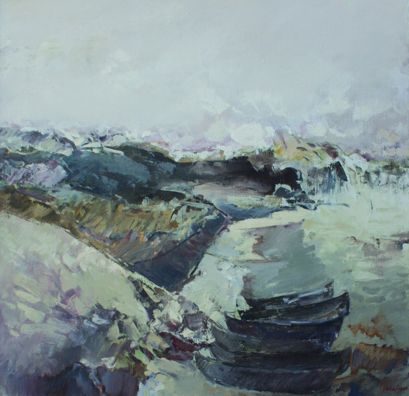 Two dark boats drawn up on a pale green bank beside calm water, in grey light.